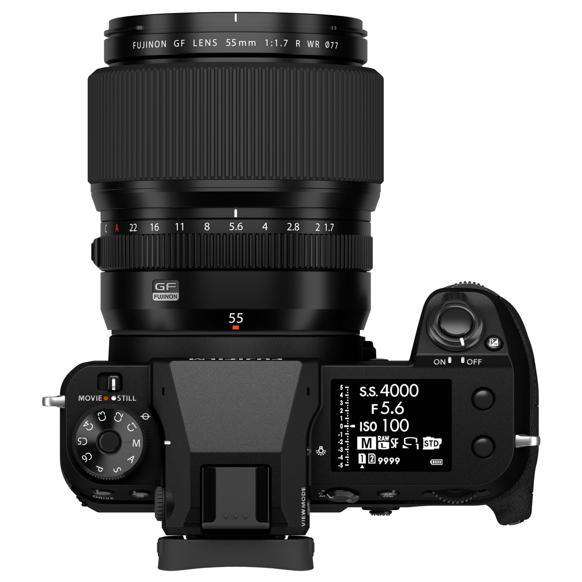 Fujifilm GF 55mm f/1.7 R WR Lens, top view on a GFX100S