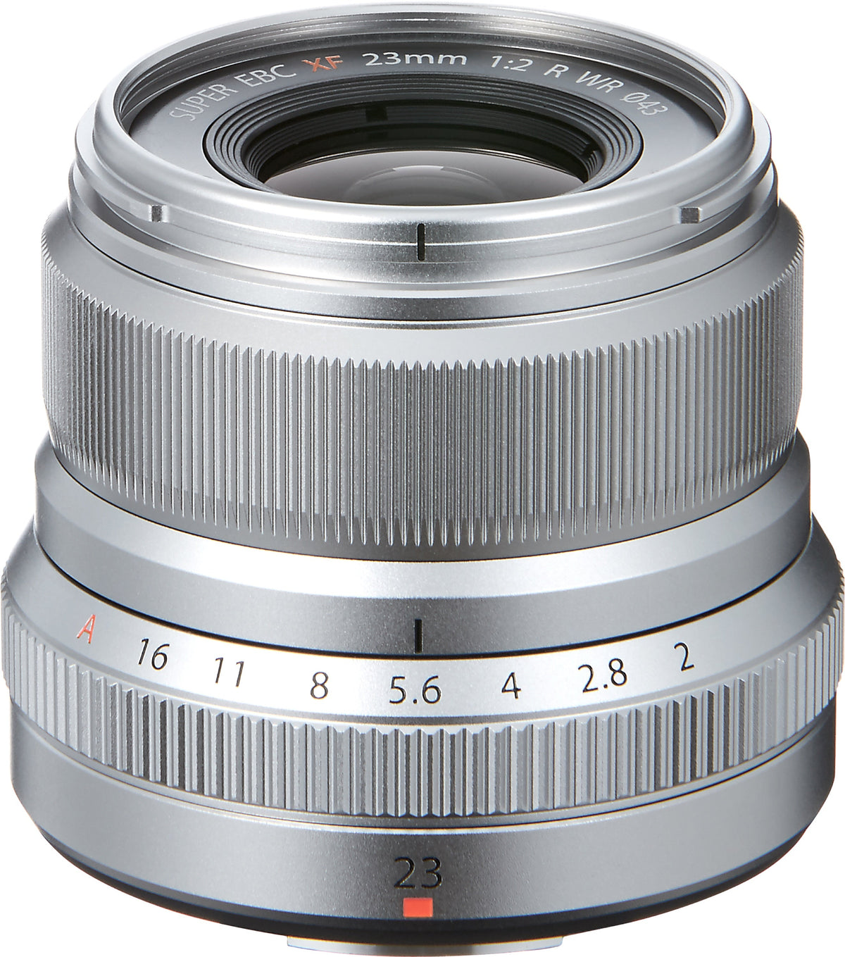 Fujifilm XF23mm f/2 R WR Lens in Silver, angled view