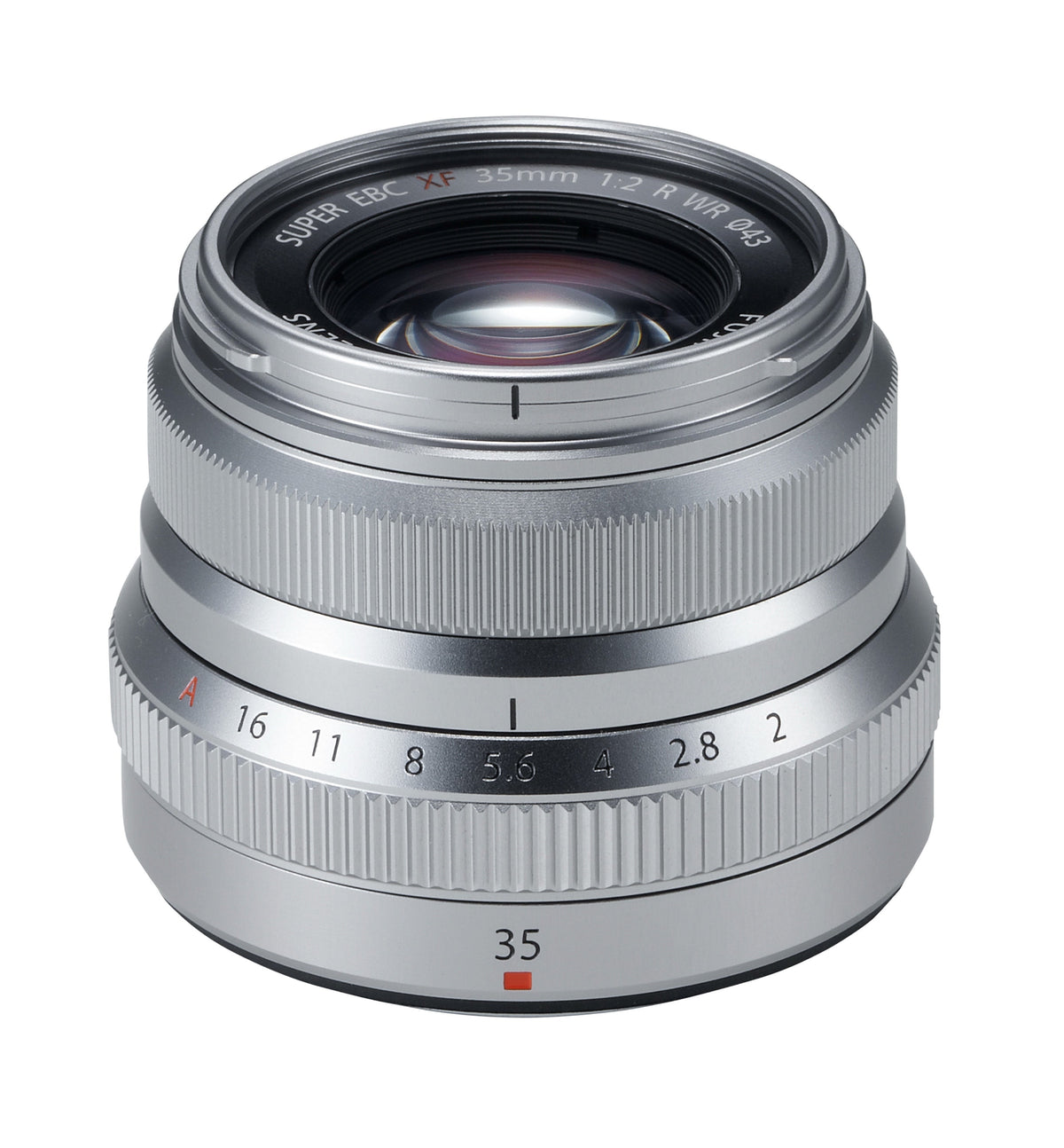 Fujifilm XF35mm f/2 R WR Lens in Silver, angled view