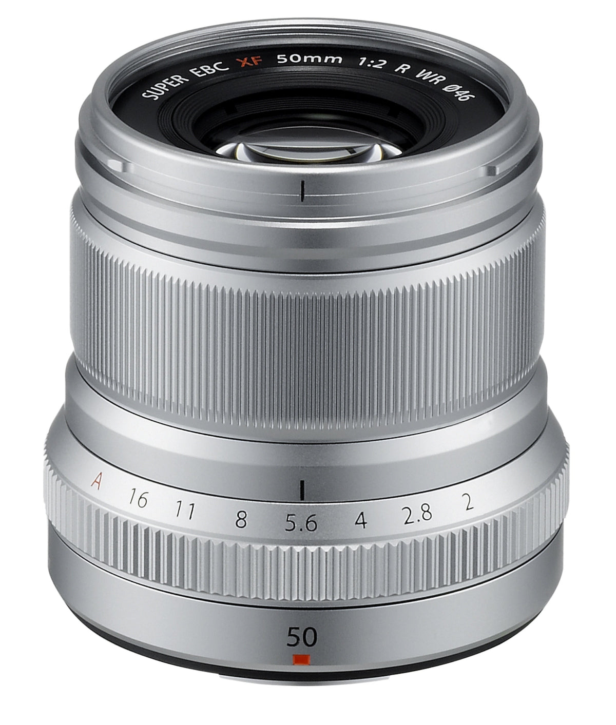 Fujifilm XF50mm f/2 R WR Lens in Silver, angled view