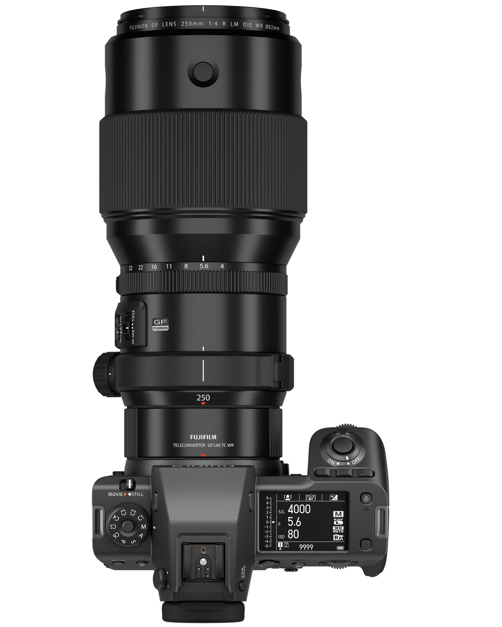 Fujifilm GFX100 II — top plate with GF250MM lens