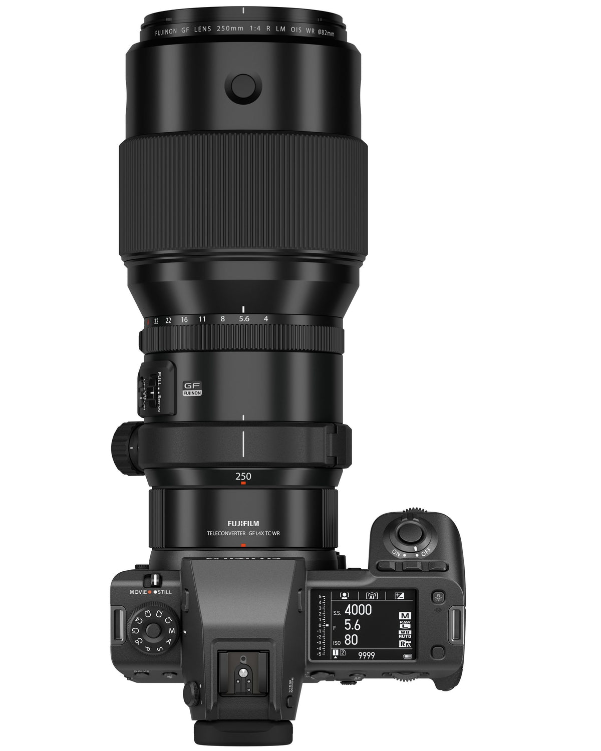 Fujifilm GFX100 II — top plate with GF250MM lens