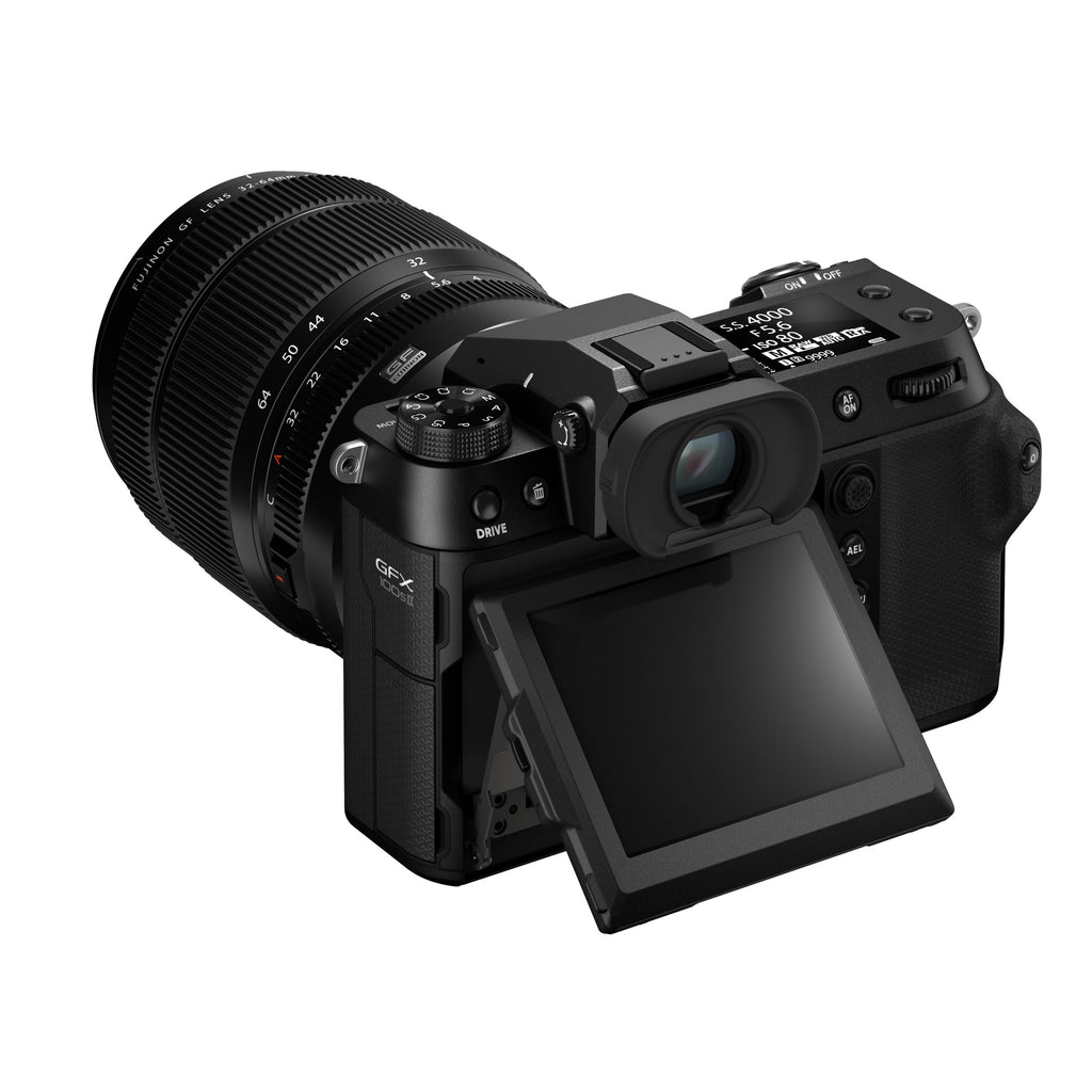 Fujifilm GFX100S II — front left three-quarter view with GF32-64MM lens