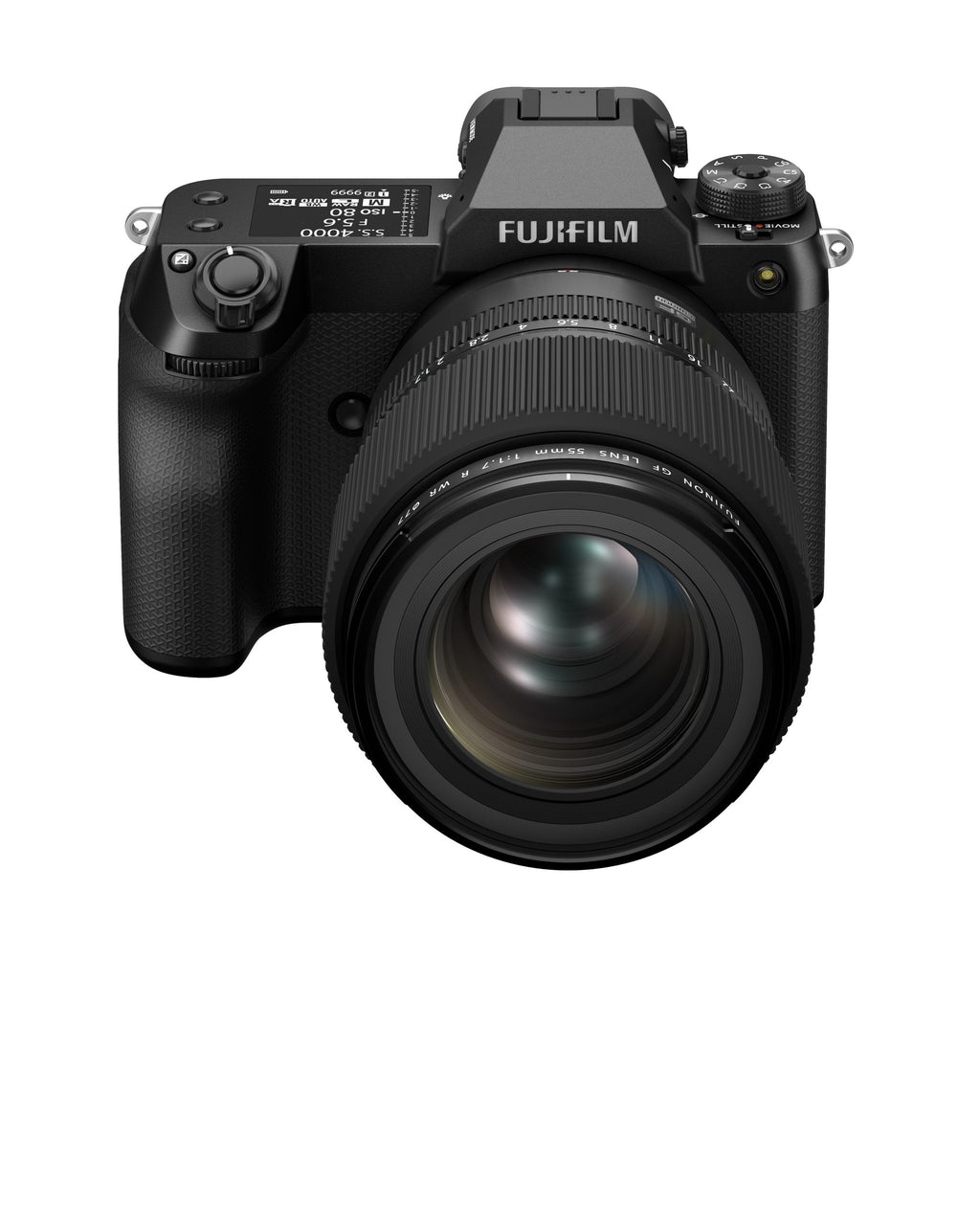 Fujifilm GFX100S II — front three-quarter view with GF55MM lens