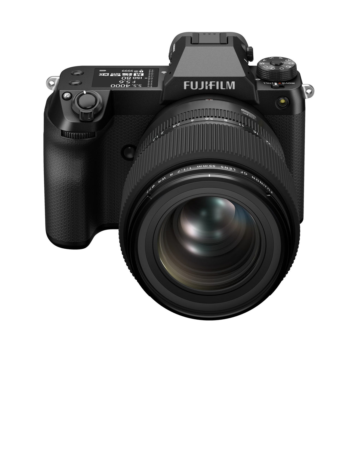 Fujifilm GFX100S II — front three-quarter view with GF55MM lens