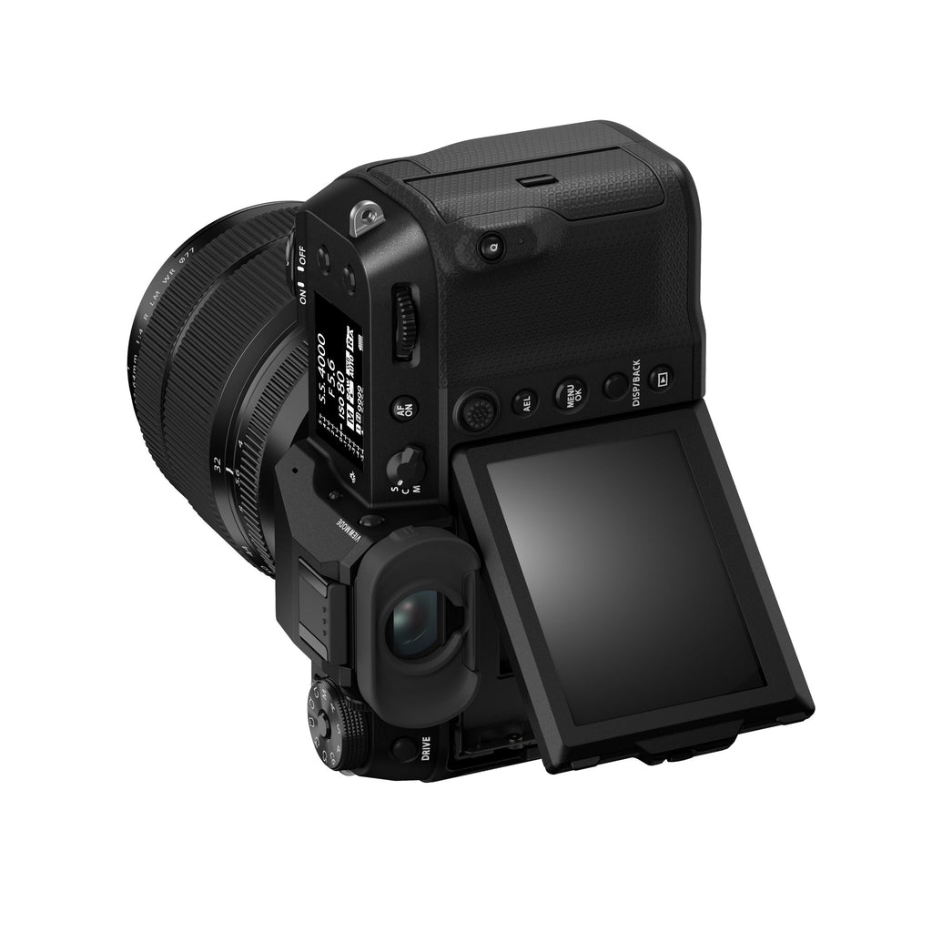 Fujifilm GFX100S II — front left three-quarter view with GF32-64MM lens
