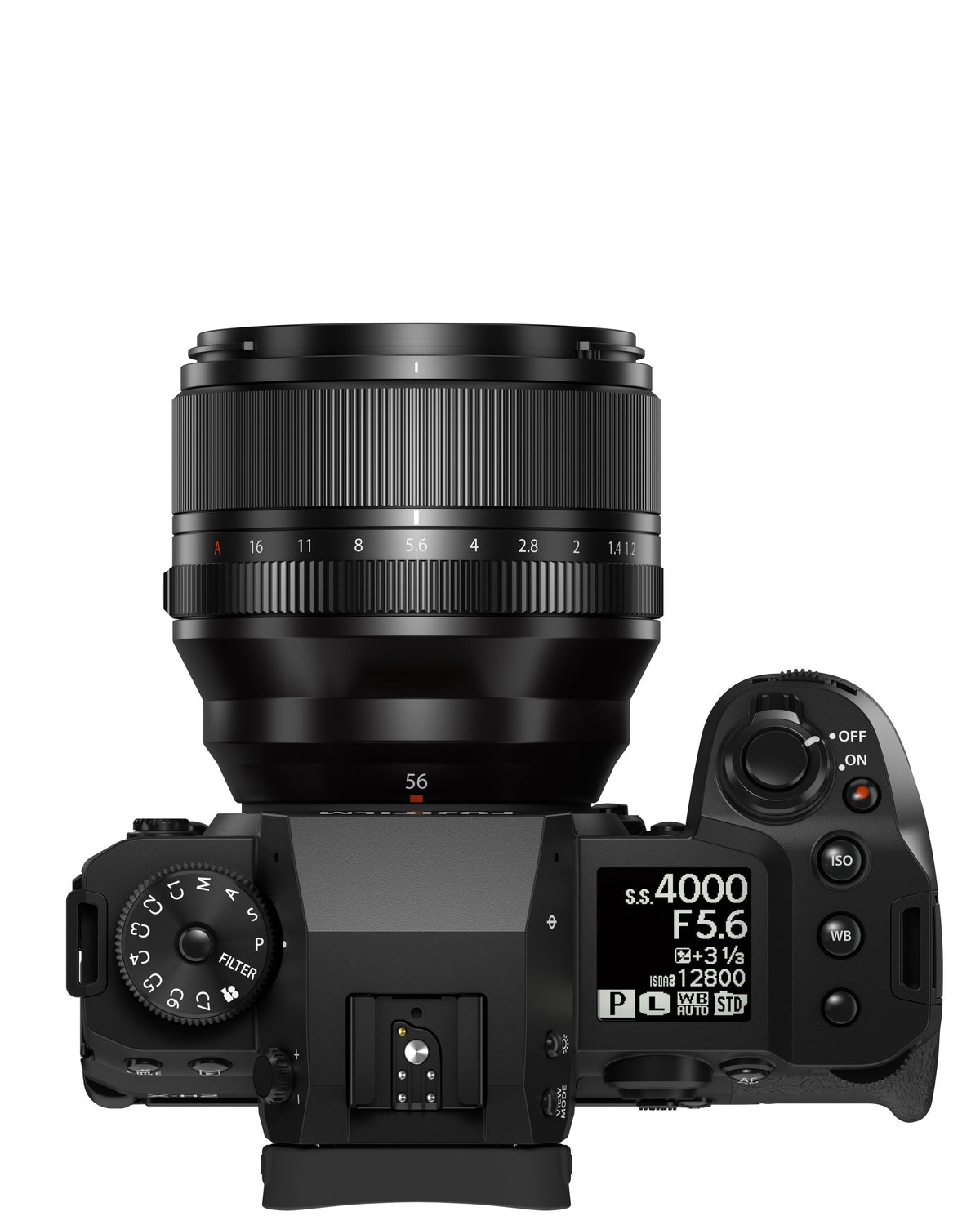 Fujifilm X-H2 — top plate with XF56MMF1 lens